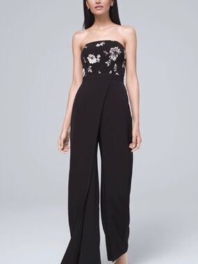 White House Black Market Floral Wide Leg Strapless Jumpsuit Draped Size 14